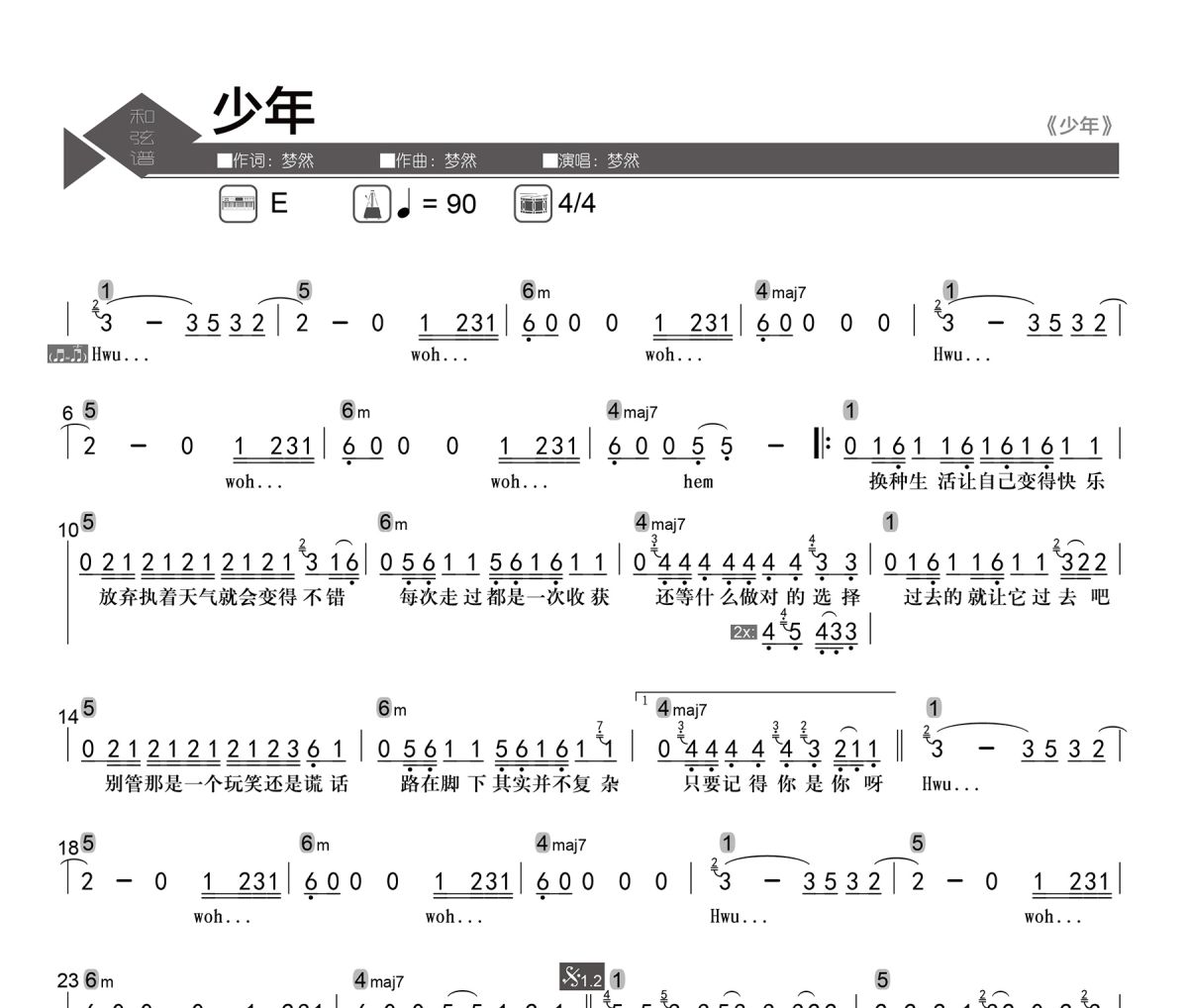 少年简谱 梦然《少年》简谱E调