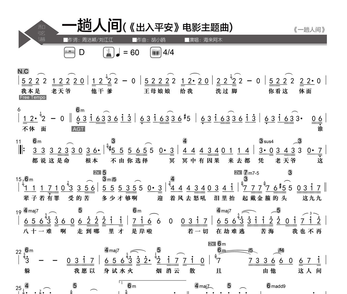 一趟人间简谱 海来阿木《一趟人间》简谱D调