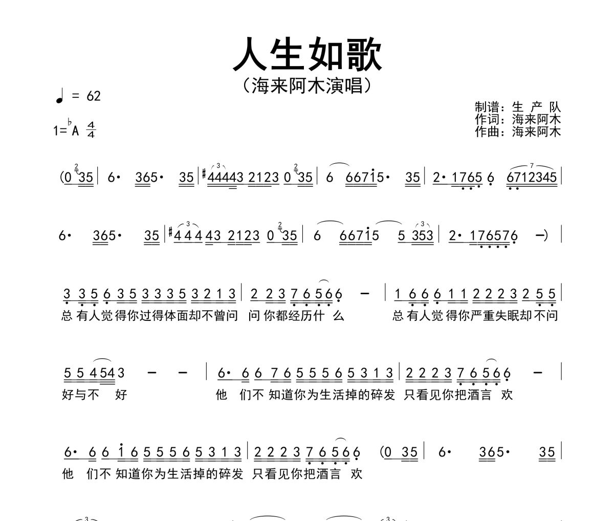 人生如歌简谱 海来阿木《人生如歌》简谱降A调