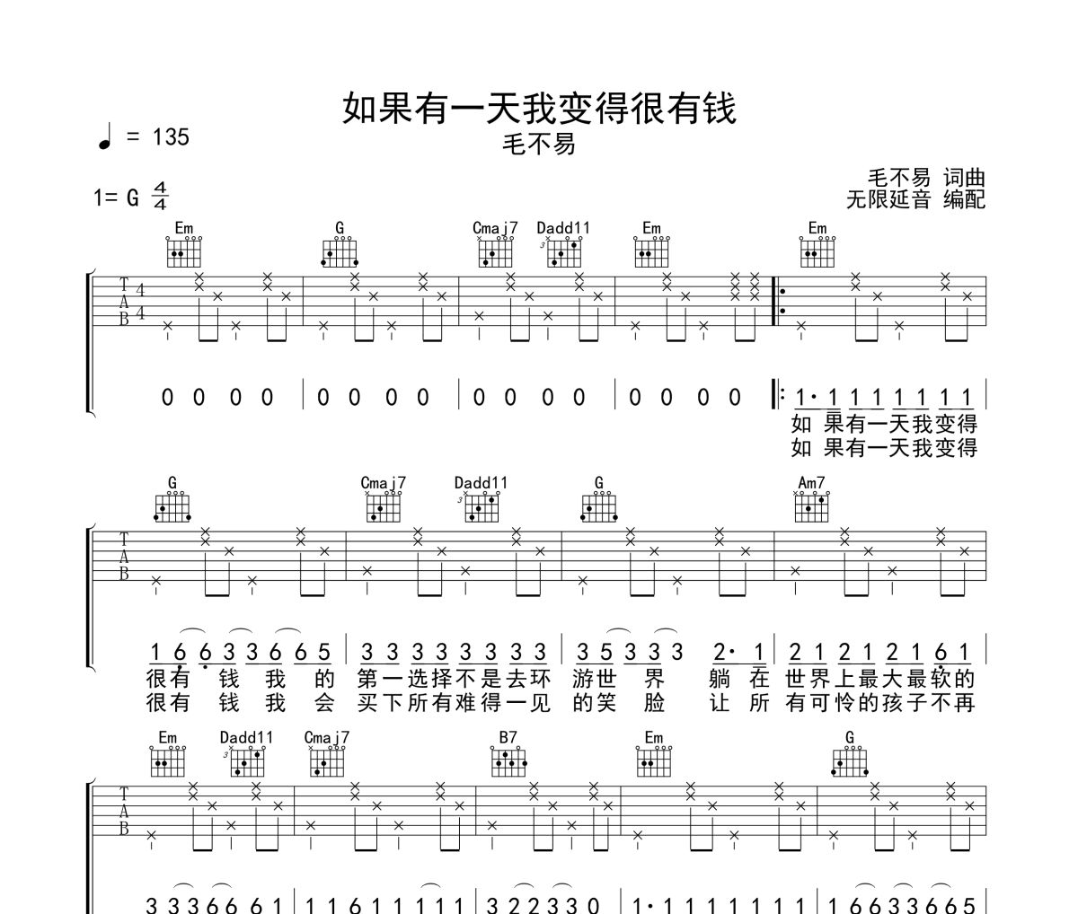 如果有一天我变得很有钱吉他谱 毛不易《如果有一天我变得很有钱》六线谱 无限延音
