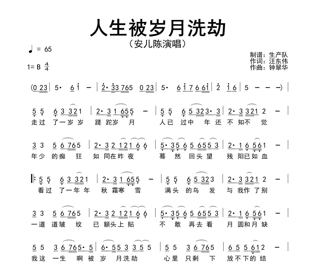 人生被岁月洗劫简谱 安儿陈《人生被岁月洗劫》简谱B调