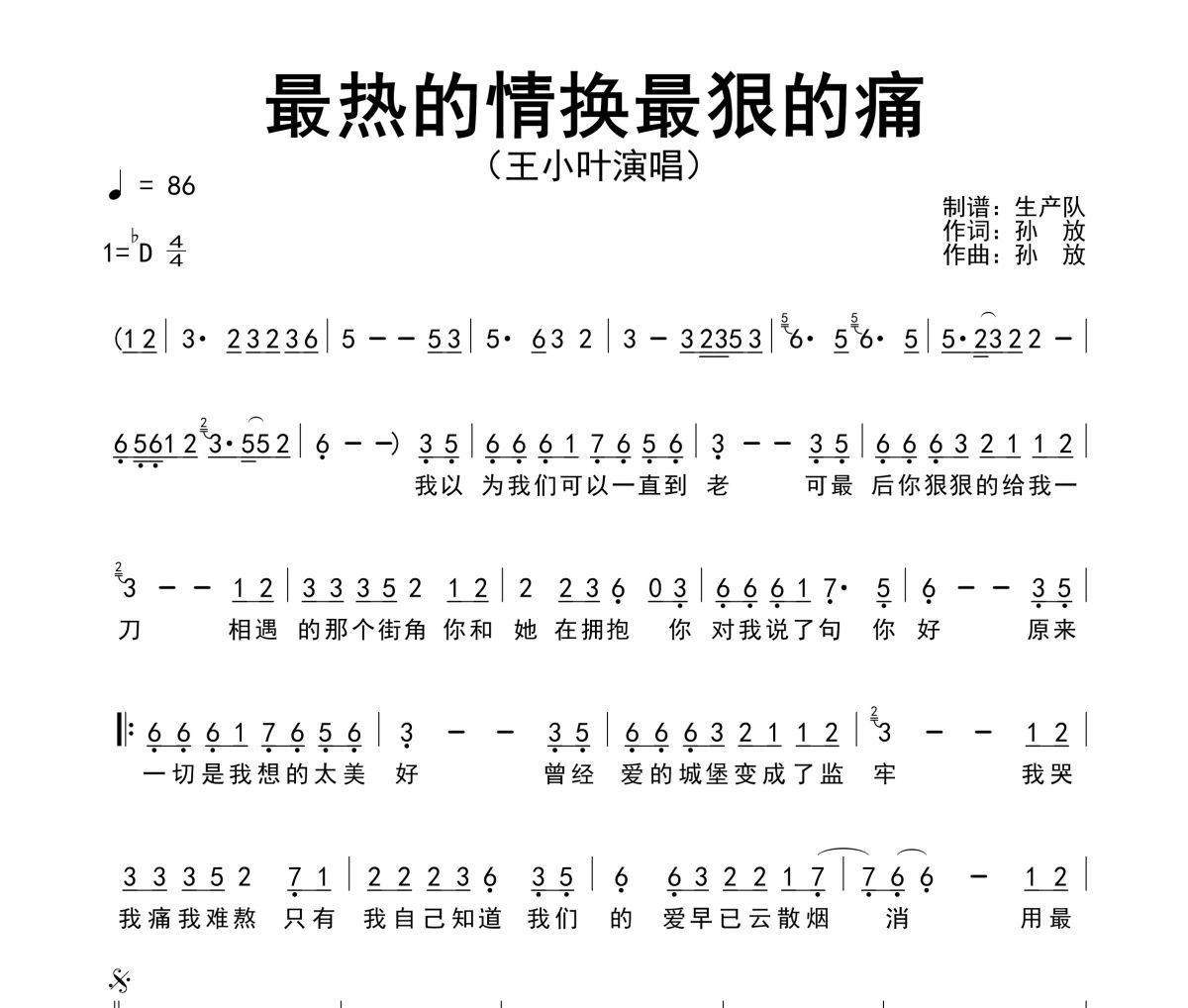 最热的情换最狠的痛简谱 王小叶《最热的情换最狠的痛》简谱降D调