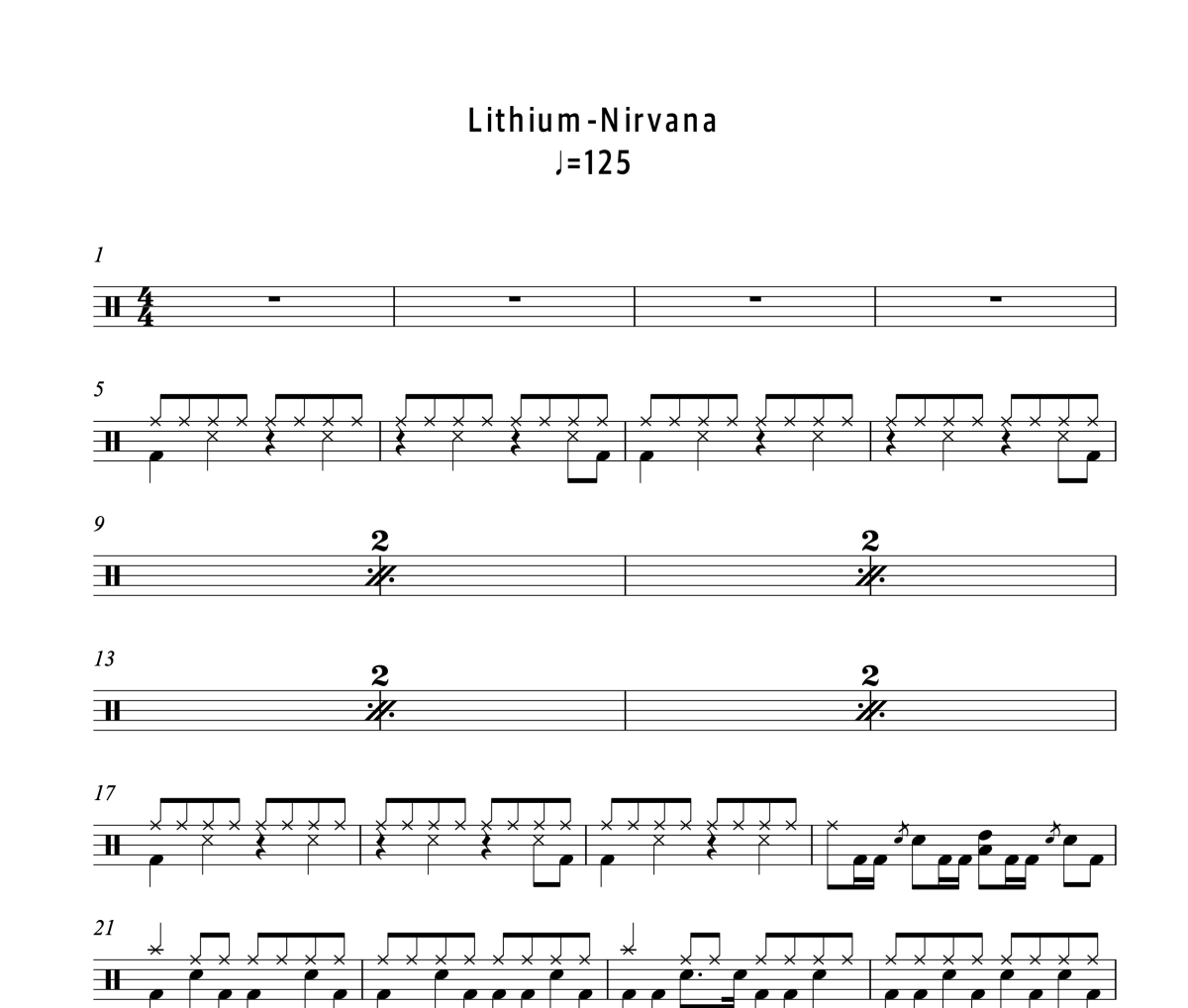 Lithium鼓谱 Nirvana（涅槃）《Lithium》架子鼓|爵士鼓|鼓谱