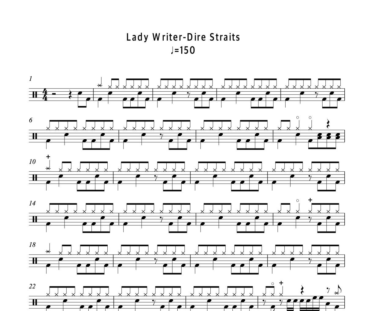 Lady Writer鼓谱 Dire Straits（恐怖海峡）《Lady Writer》架子鼓|爵士鼓|鼓谱