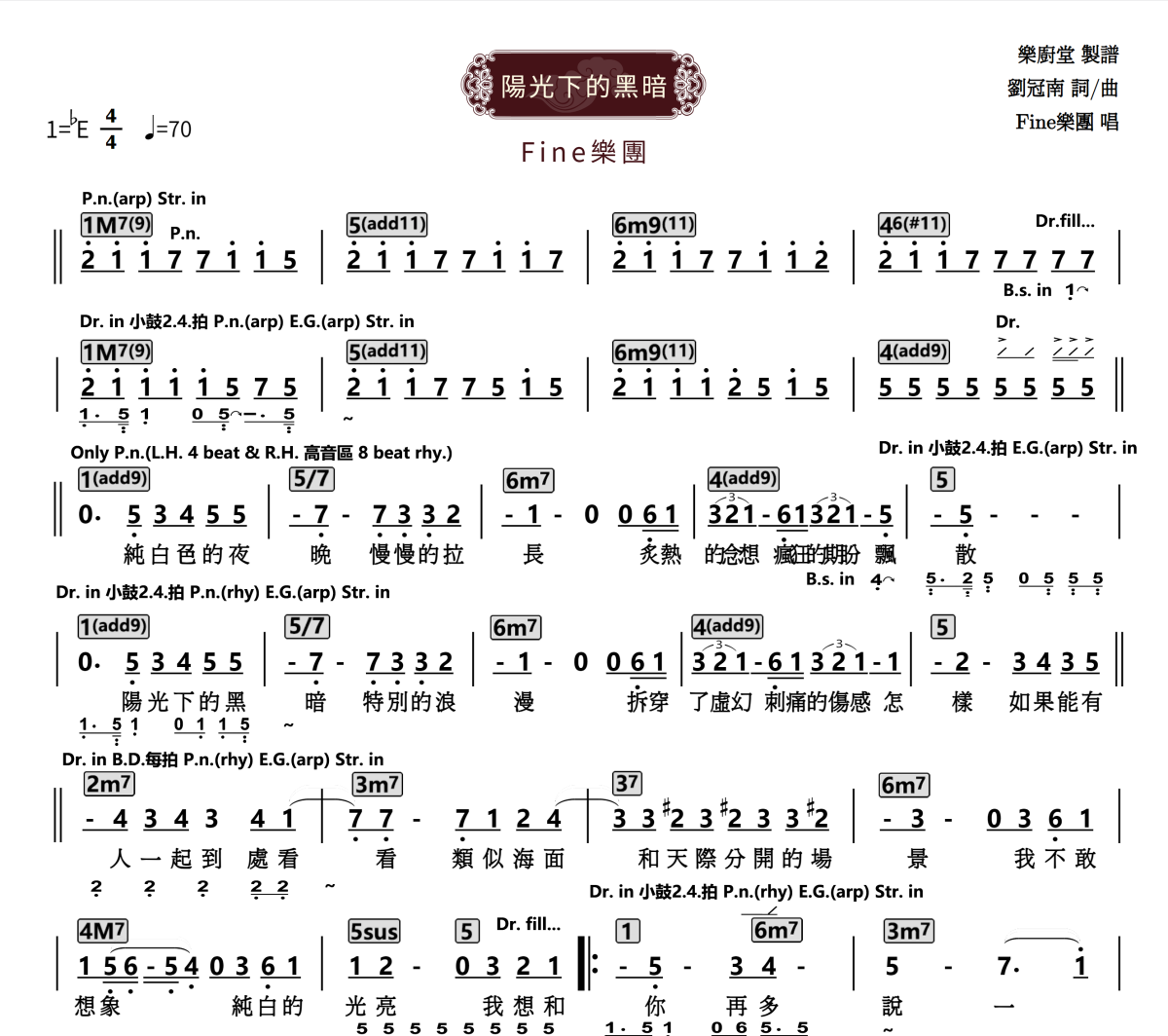 阳光下的黑暗简谱 fine乐团《阳光下的黑暗》简谱降E调