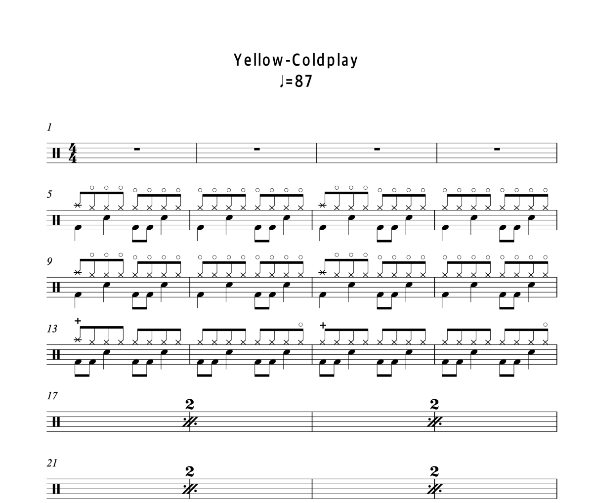 Yellow鼓谱 Coldplay《Yellow》架子鼓