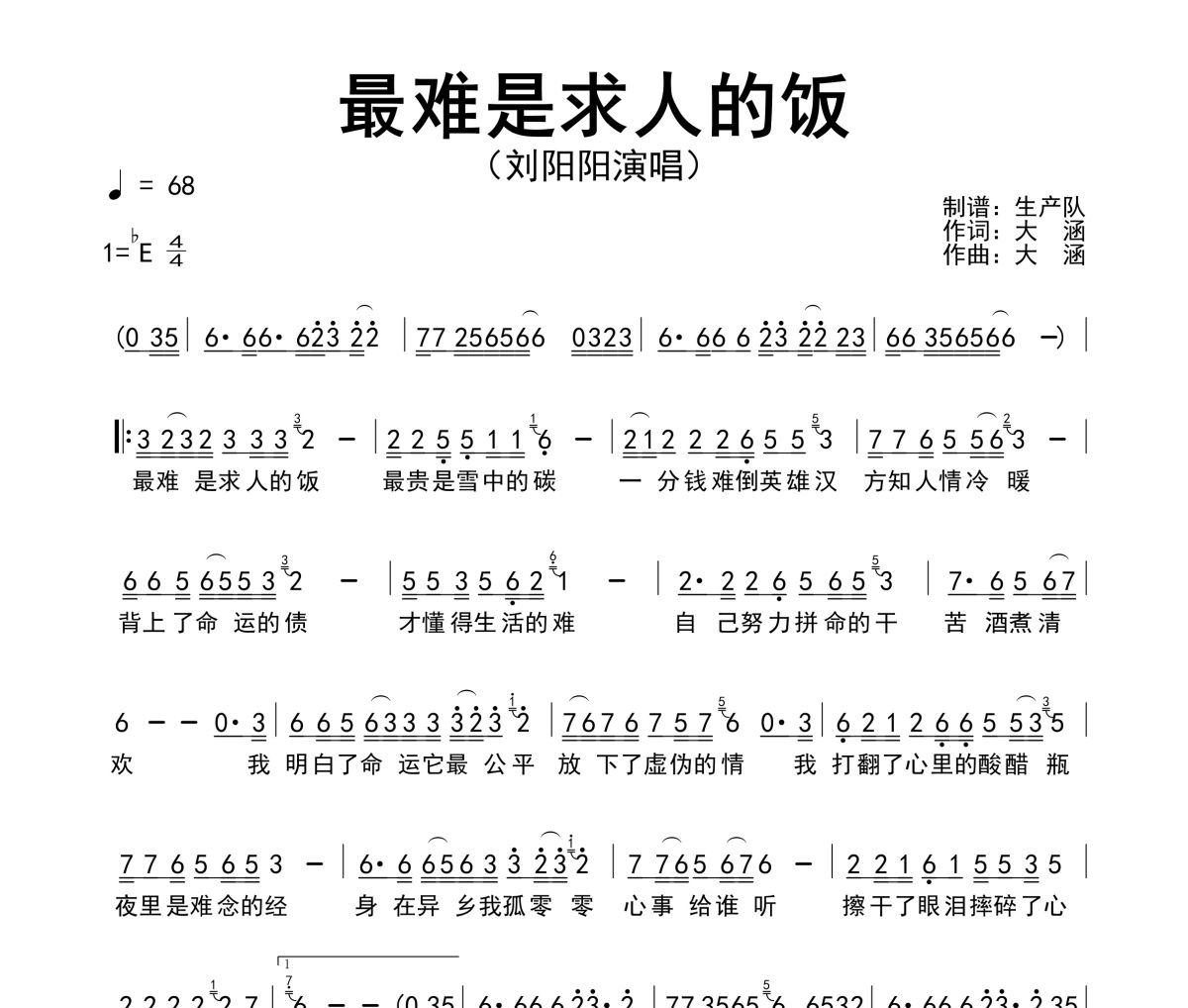 最难是求人的饭简谱 刘阳阳《最难是求人的饭》简谱降E调