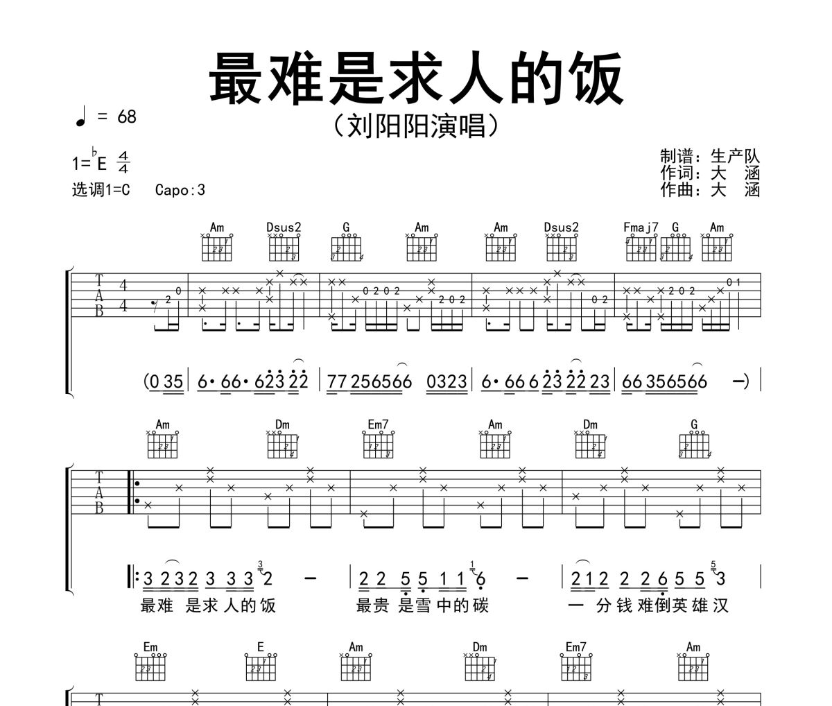 最难是求人的饭吉他谱 刘阳阳《最难是求人的饭》六线谱C调吉他谱