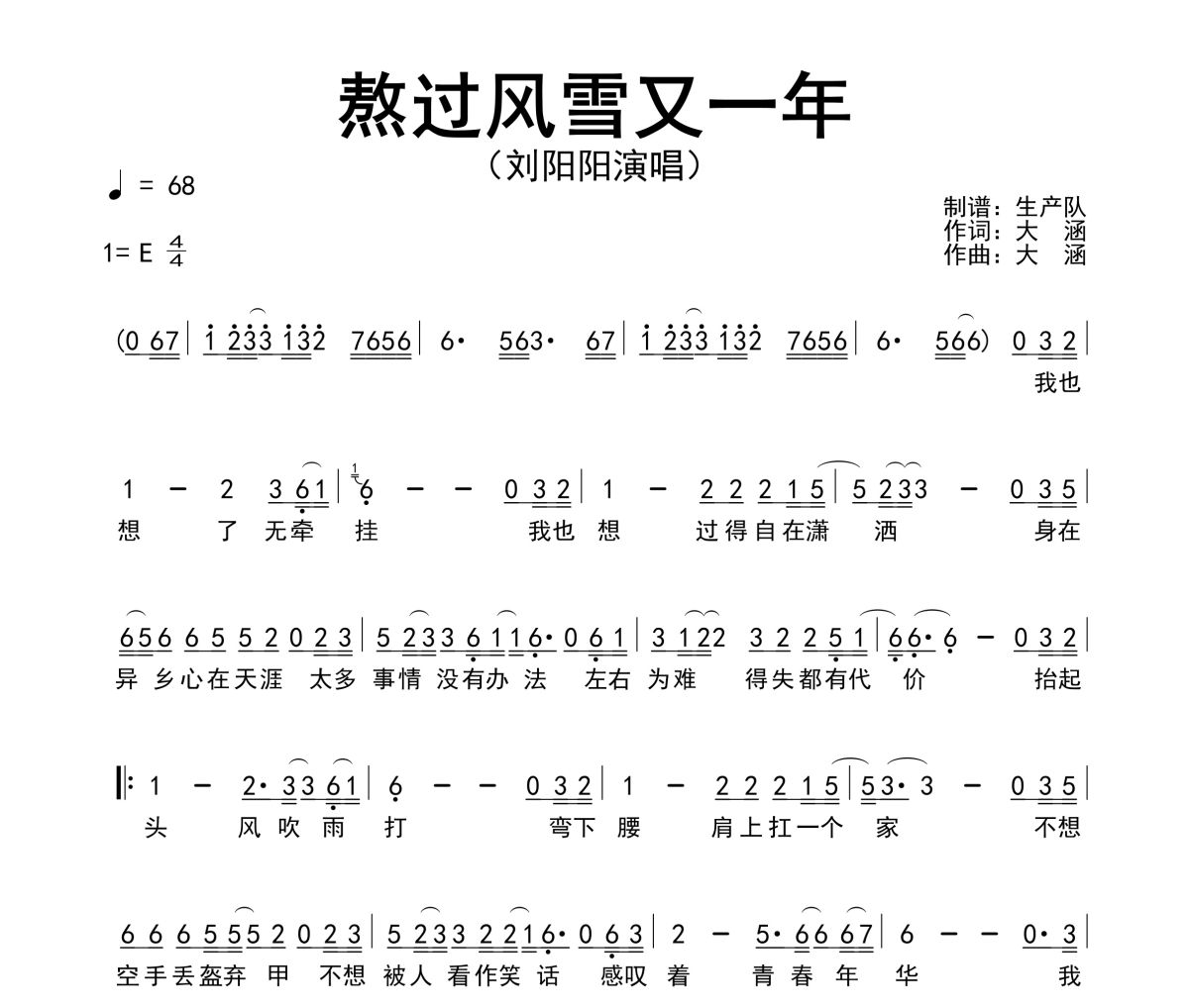 熬过风雪又一年简谱 刘阳阳《熬过风雪又一年》简谱E调