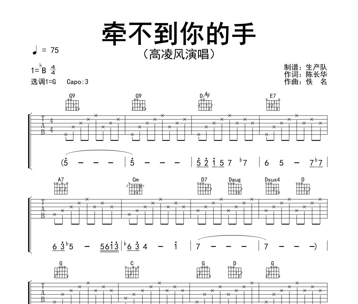 牵不到你的手吉他谱 高凌风《牵不到你的手》六线谱|吉他谱