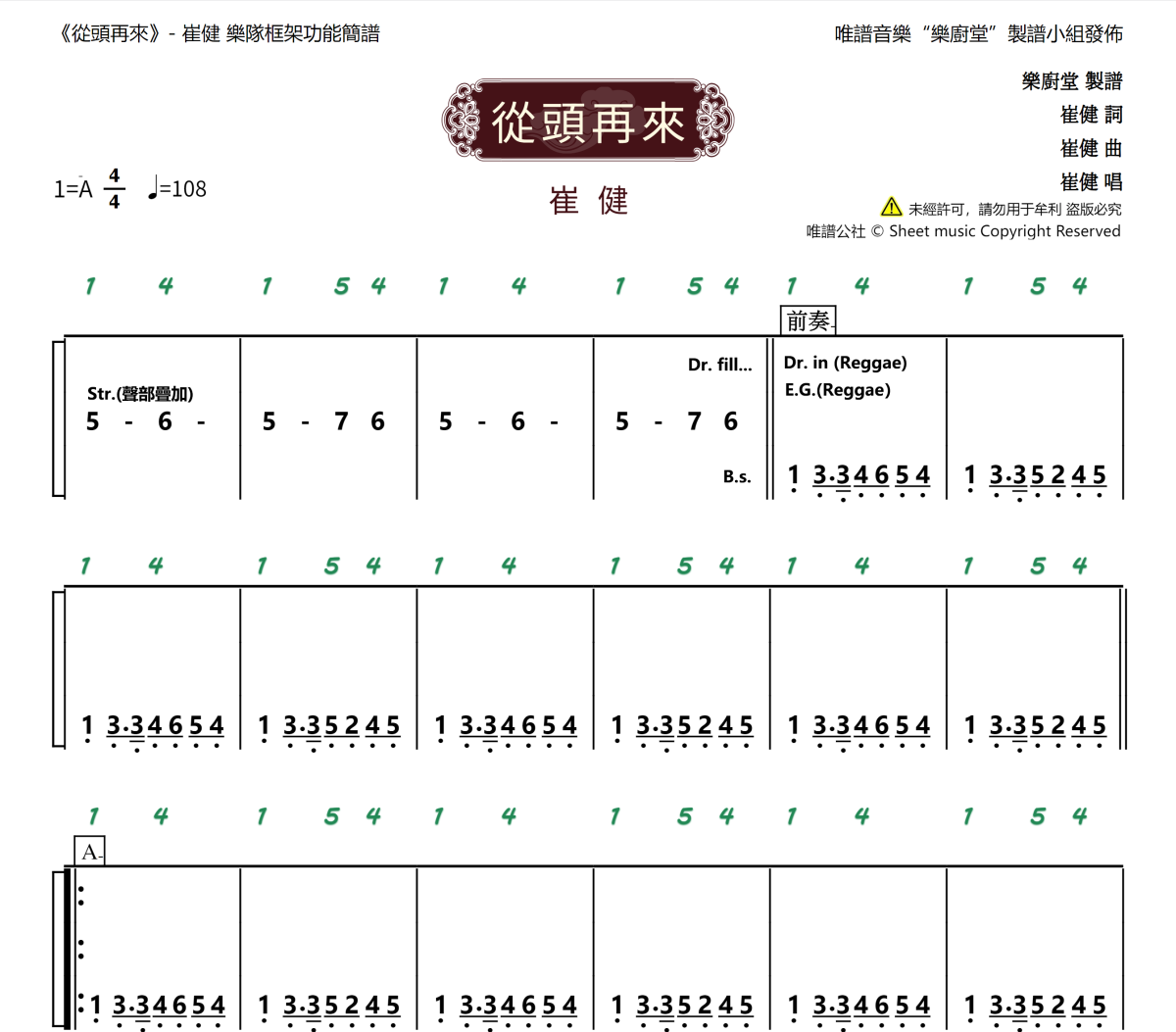 从头再来简谱 崔健《从头再来》(框架功能谱)简谱A调