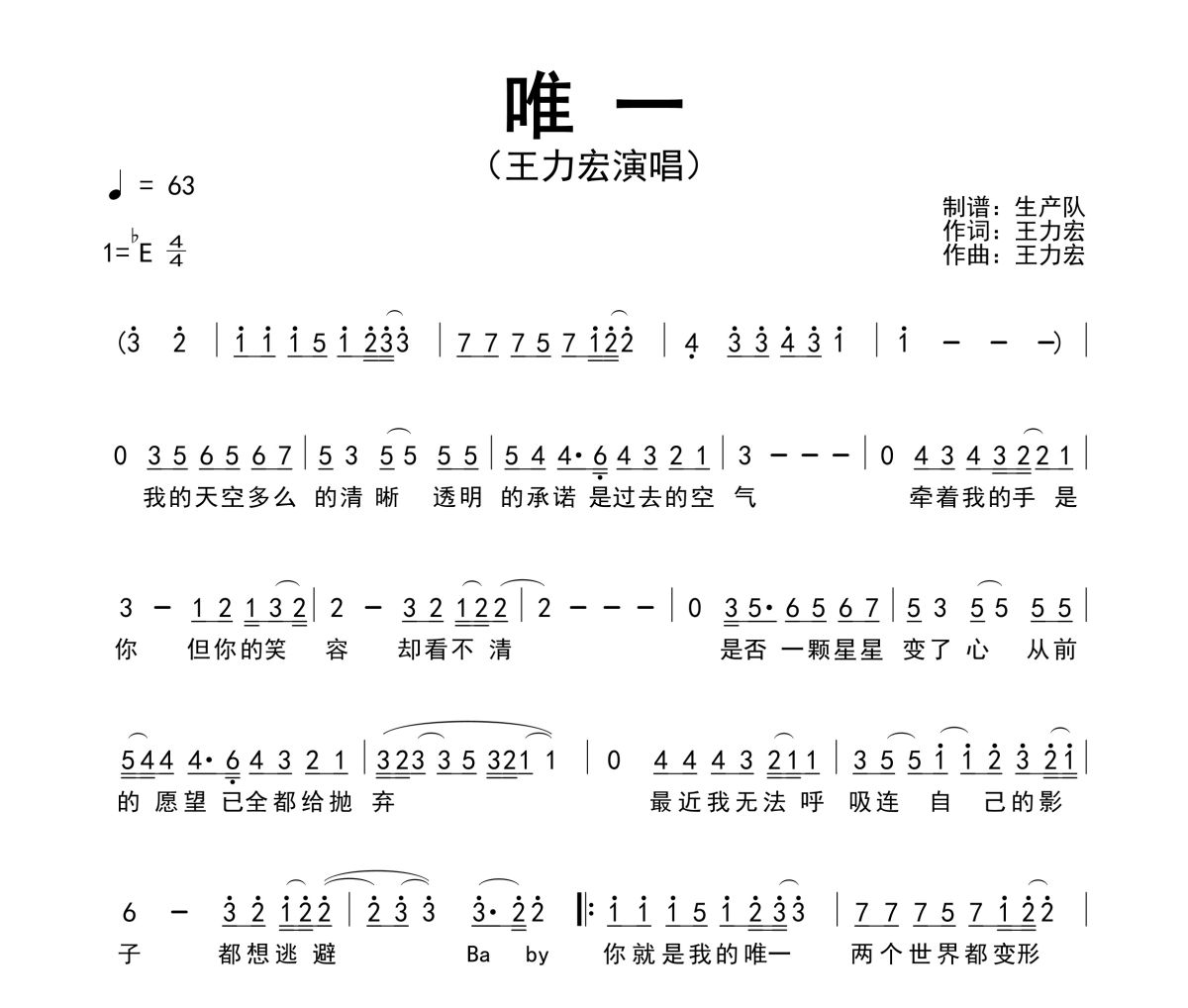 唯一简谱 王力宏《唯一》简谱降E调