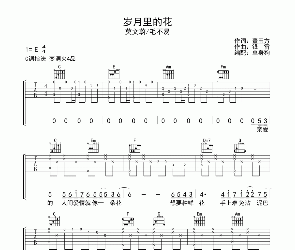 岁月里的花吉他谱 莫文蔚/毛不易-岁月里的花六线谱C调