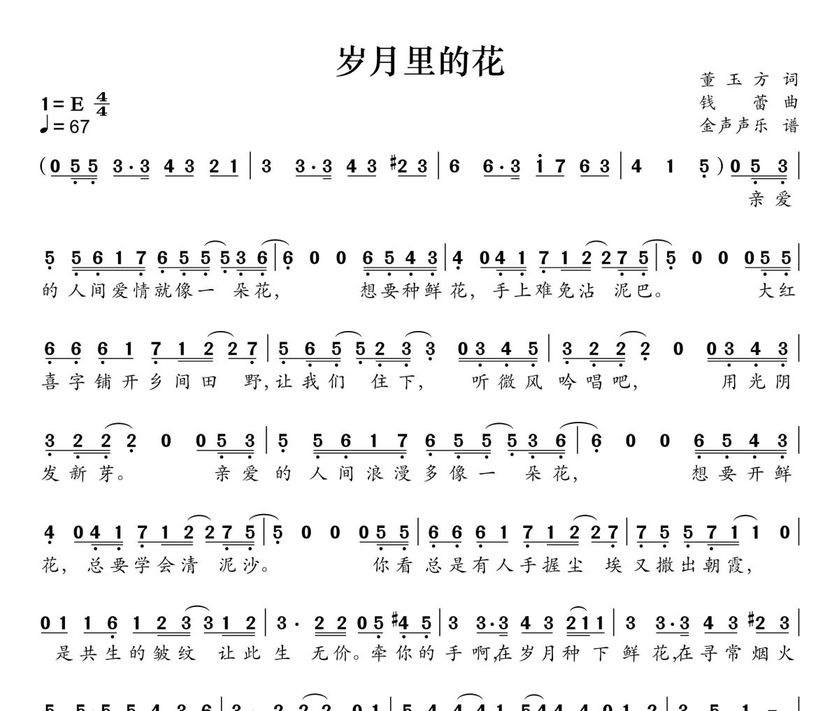 岁月里的花简谱 莫文蔚、毛不易-岁月里的花E调简谱+动态视频