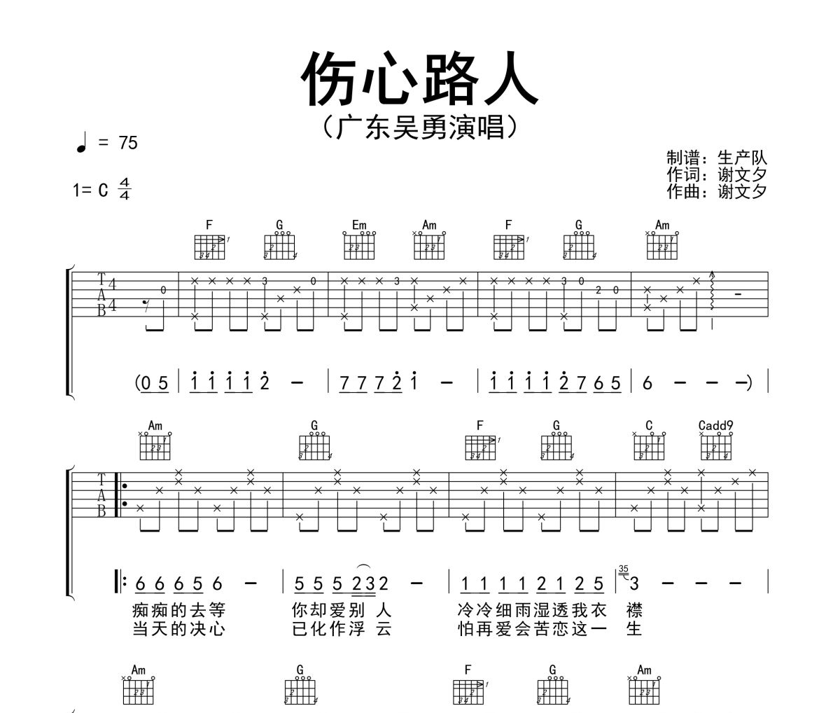 伤心路人吉他谱 广东吴勇-伤心路人六线谱
