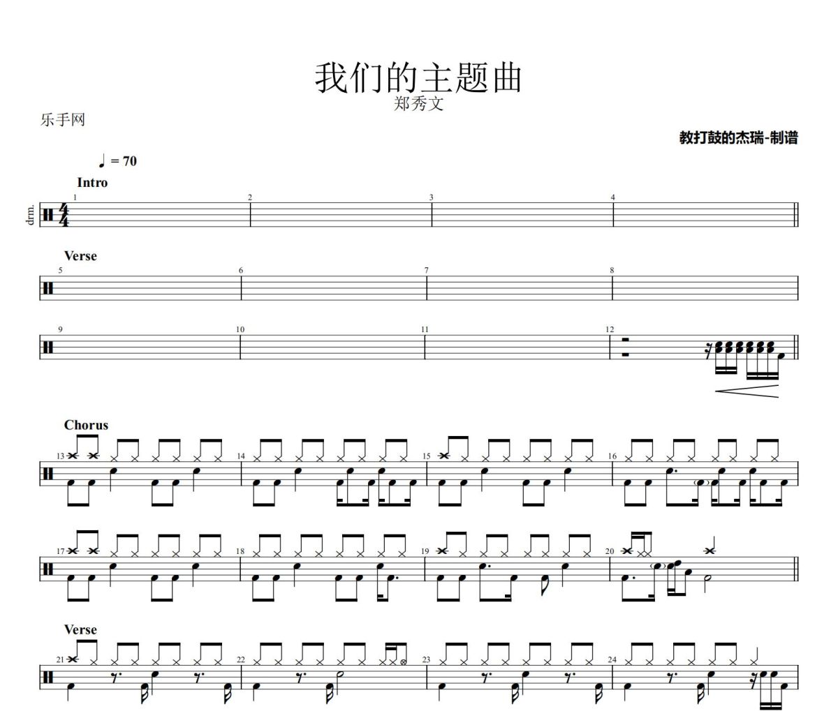 我们的主题曲鼓谱 郑秀文《我们的主题曲》架子鼓|爵士鼓|鼓谱