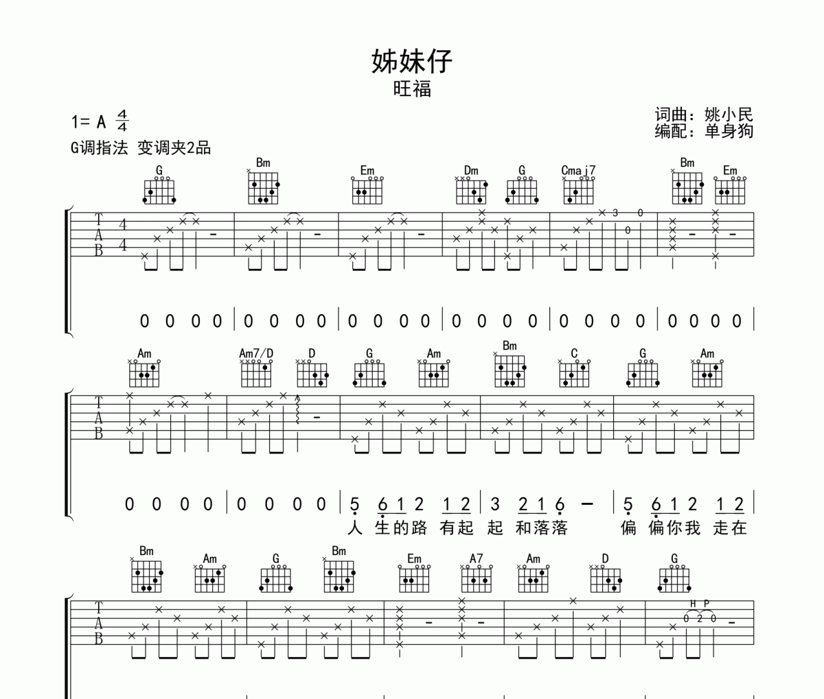 姊妹仔 吉他谱 旺福《姊妹仔 》六线谱G调吉他谱