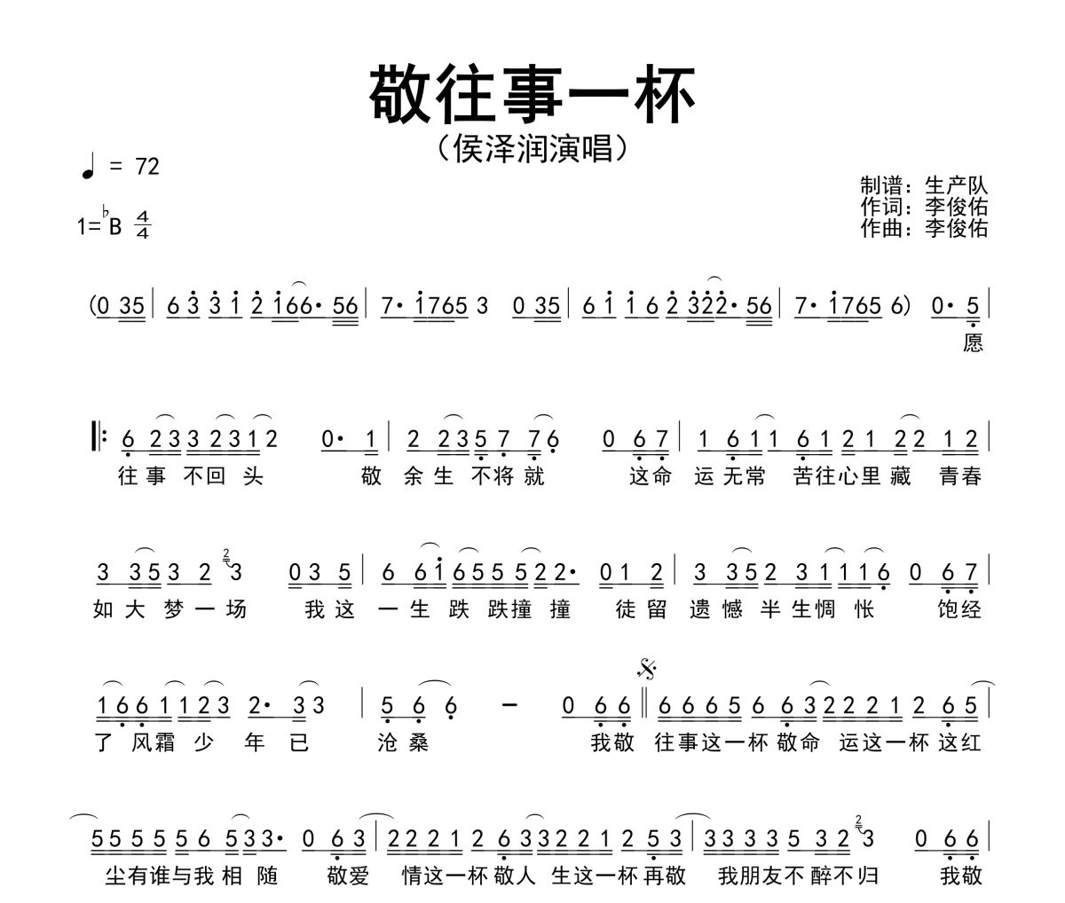 敬往事一杯简谱 侯泽润《敬往事一杯》简谱降B调