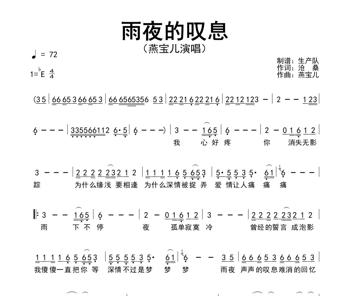 雨夜的叹息简谱 燕宝儿-雨夜的叹息简谱降E调