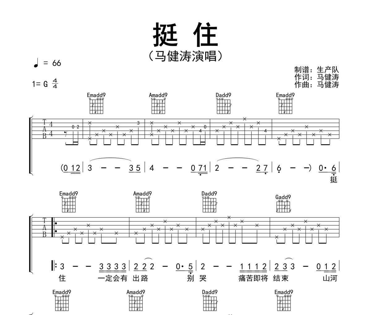 挺住吉他谱 马健涛-挺住六线谱吉他谱G调