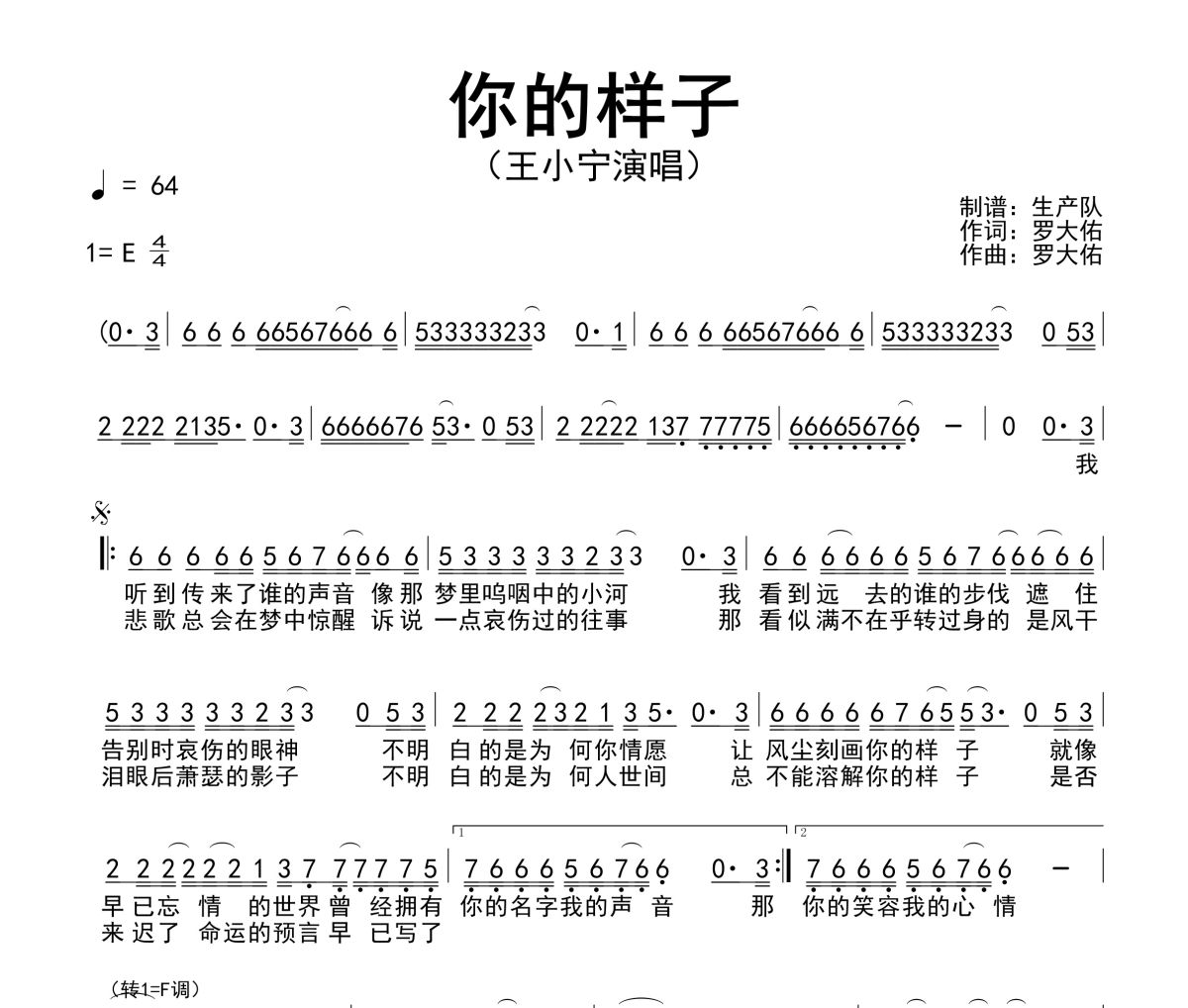 你的样子简谱 王小宁《你的样子》(DJ版)简谱