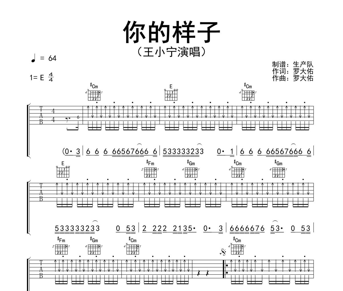 你的样子吉他谱 王小宁《你的样子》(DJ版)六线谱|吉他谱