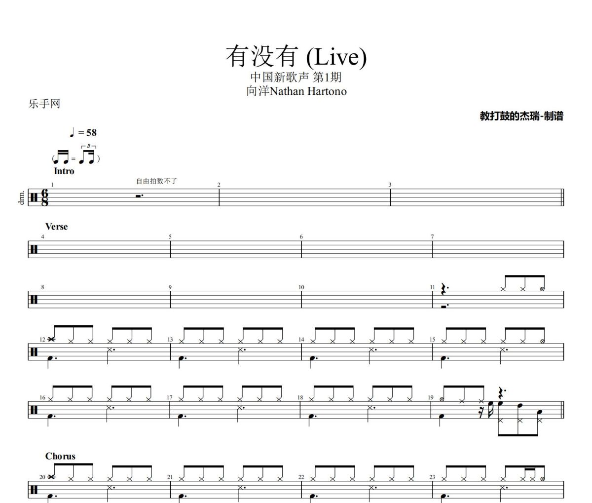 有没有 鼓谱 向洋Nathan Hartono-有没有(Live)架子鼓|爵士鼓|鼓谱