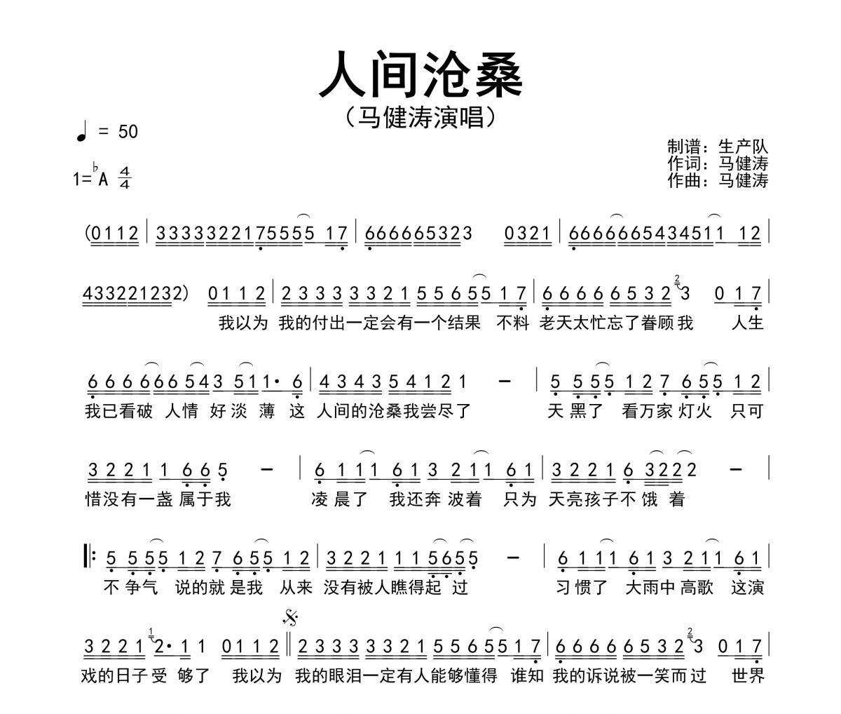 人间沧桑简谱 马健涛《人间沧桑》简谱降A调