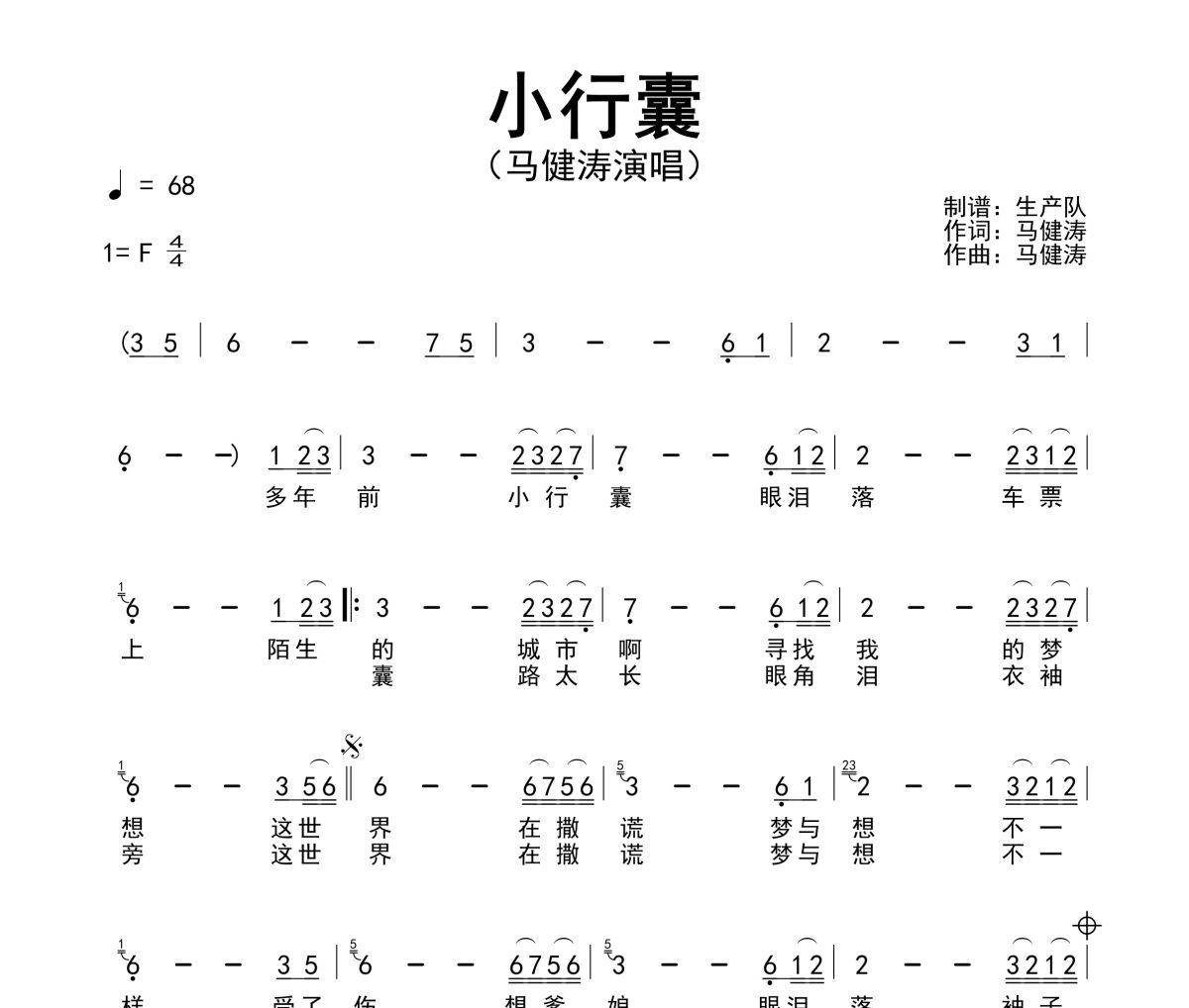 小行囊简谱 马健涛-小行囊简谱F调