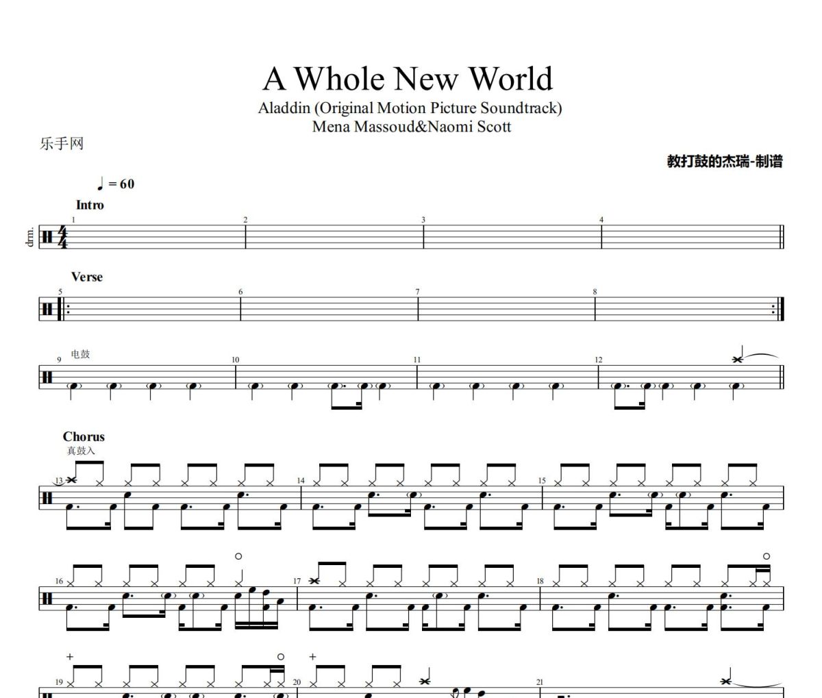 Mena Massoud&Naomi Scott-A Whole New World架子鼓|爵士鼓|鼓谱