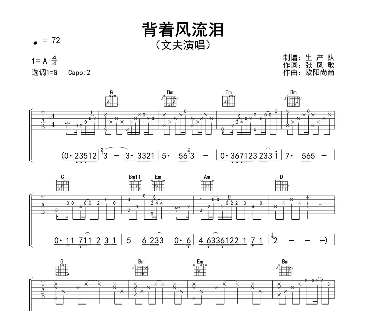 背着风流泪吉他谱 文夫《背着风流泪》六线谱G调吉他谱