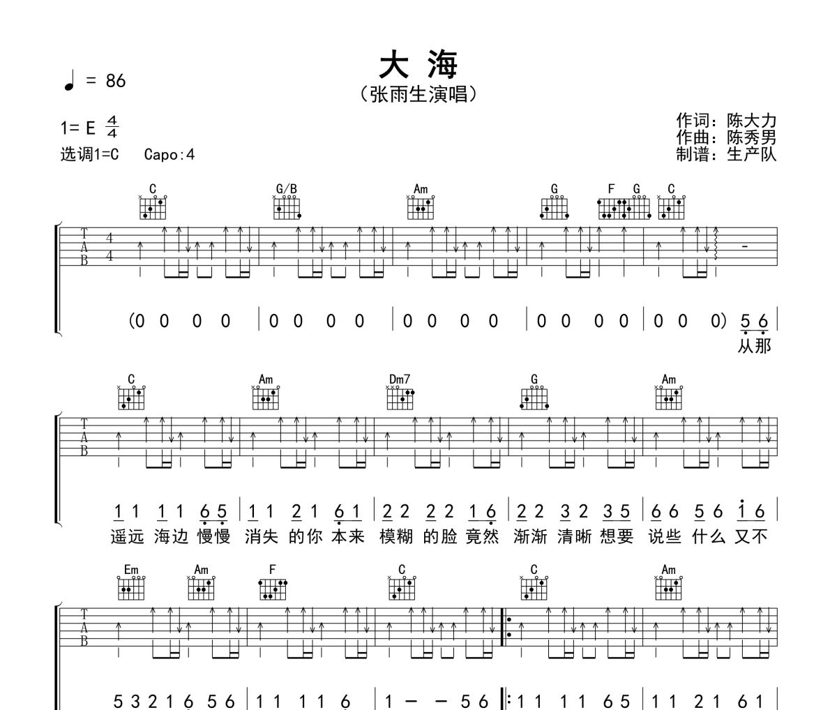 大海吉他谱 张雨生《大海》六线谱C调指法编配