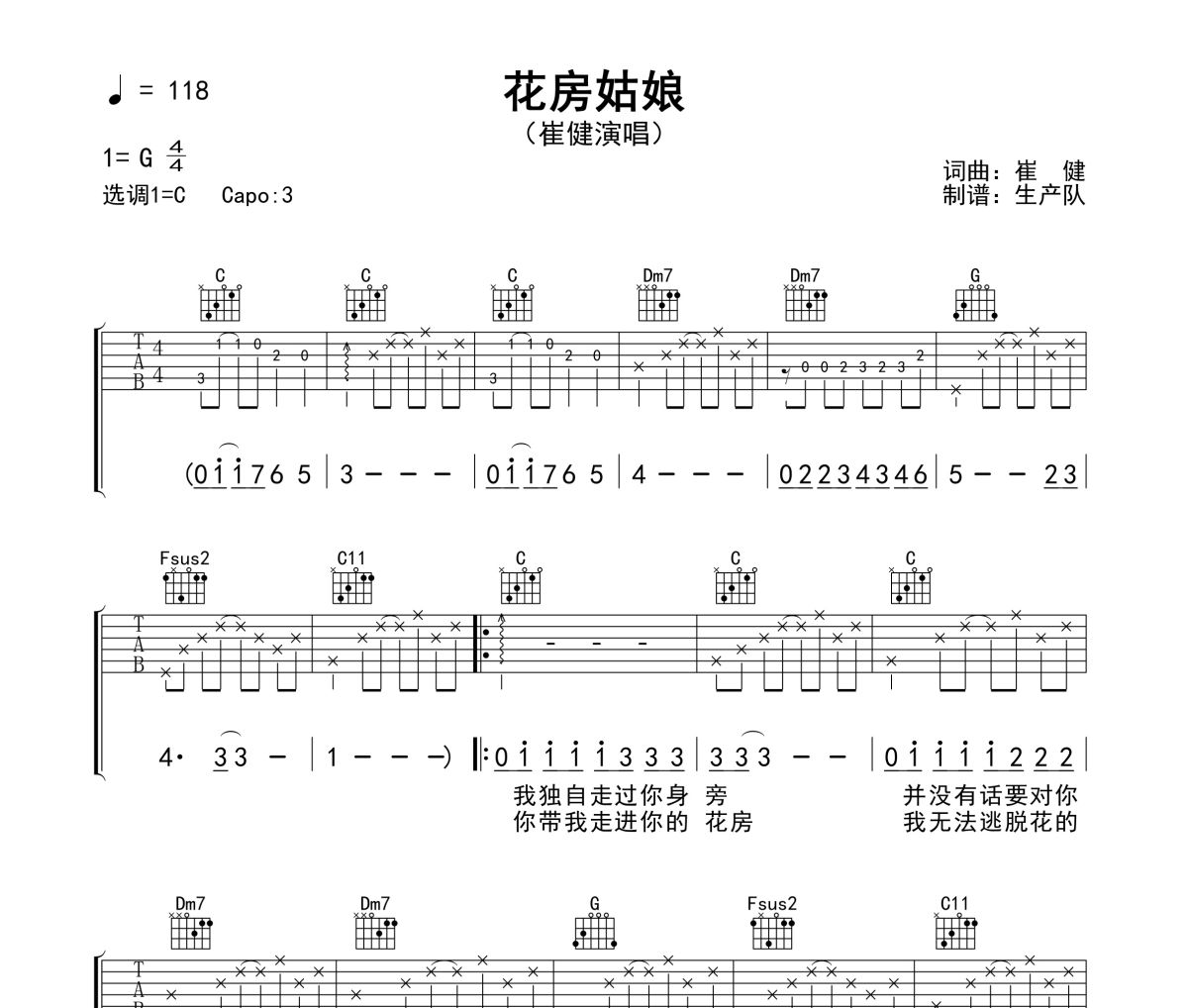 花房姑娘吉他谱 崔健《花房姑娘》(C调版)六线谱C调指法编配