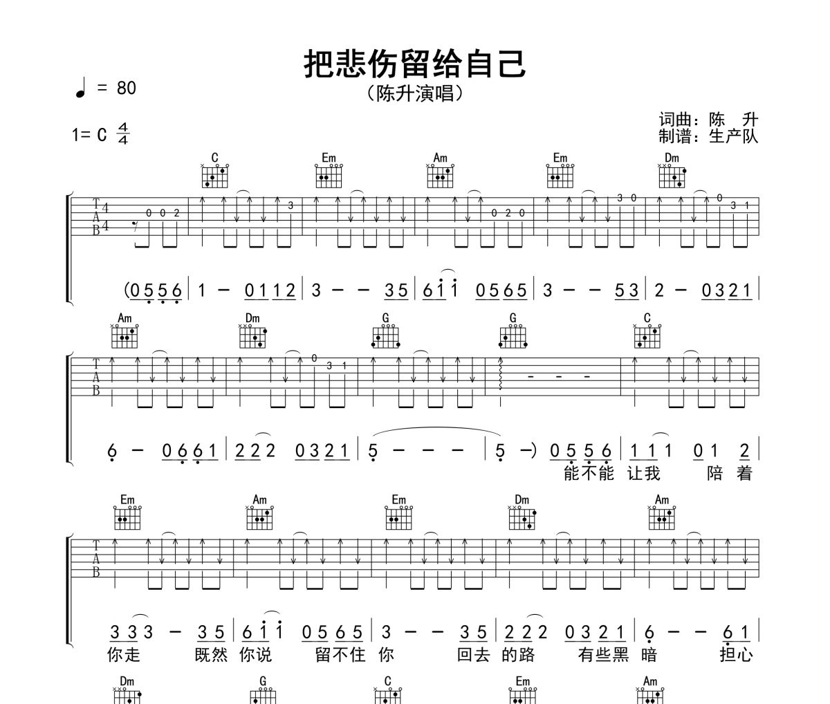 把悲伤留给自己吉他谱 陈升《把悲伤留给自己》六线谱C调指法编配