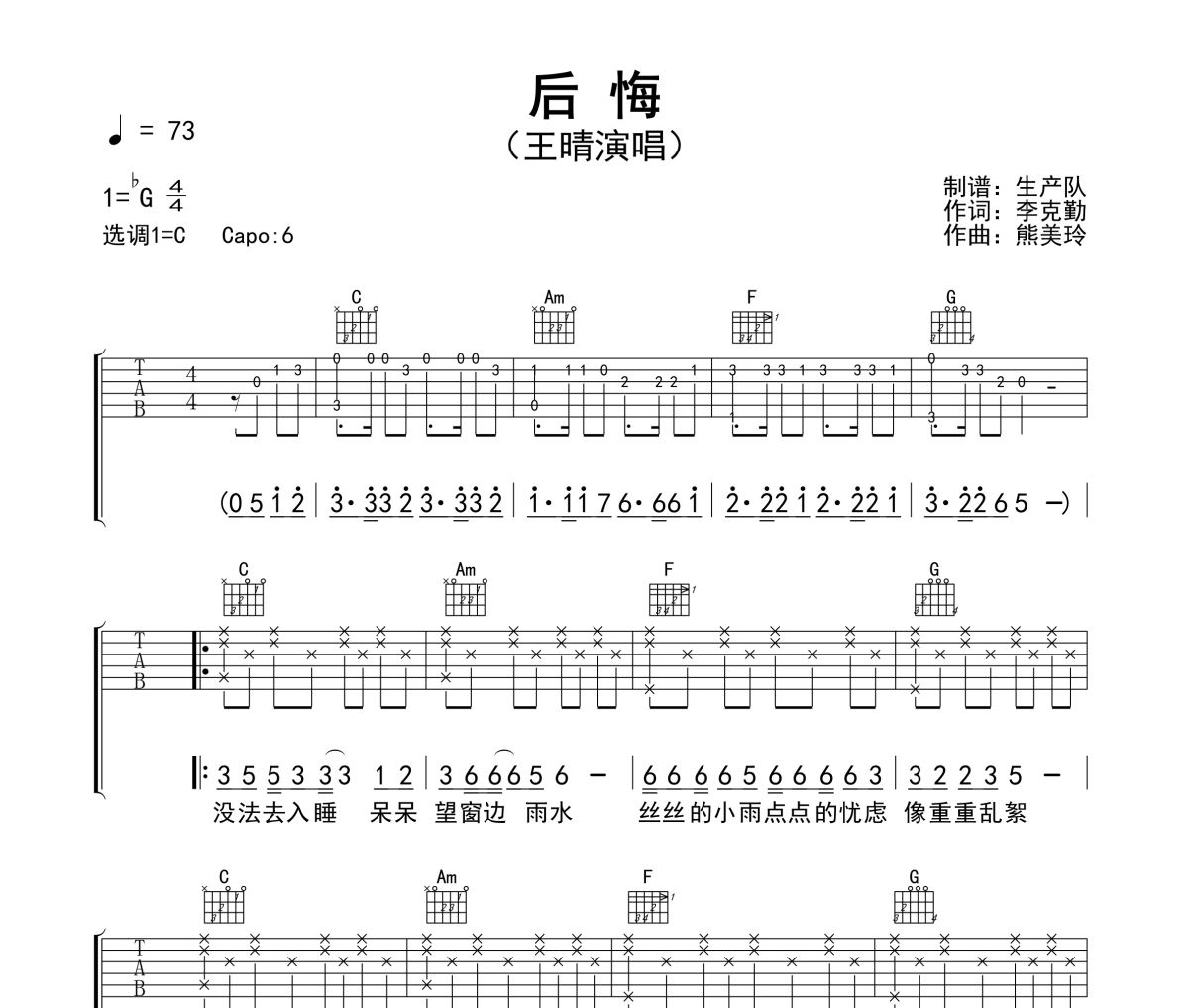 后悔吉他谱 王晴《后悔》(留什么给你粤语版)六线谱C调吉他谱