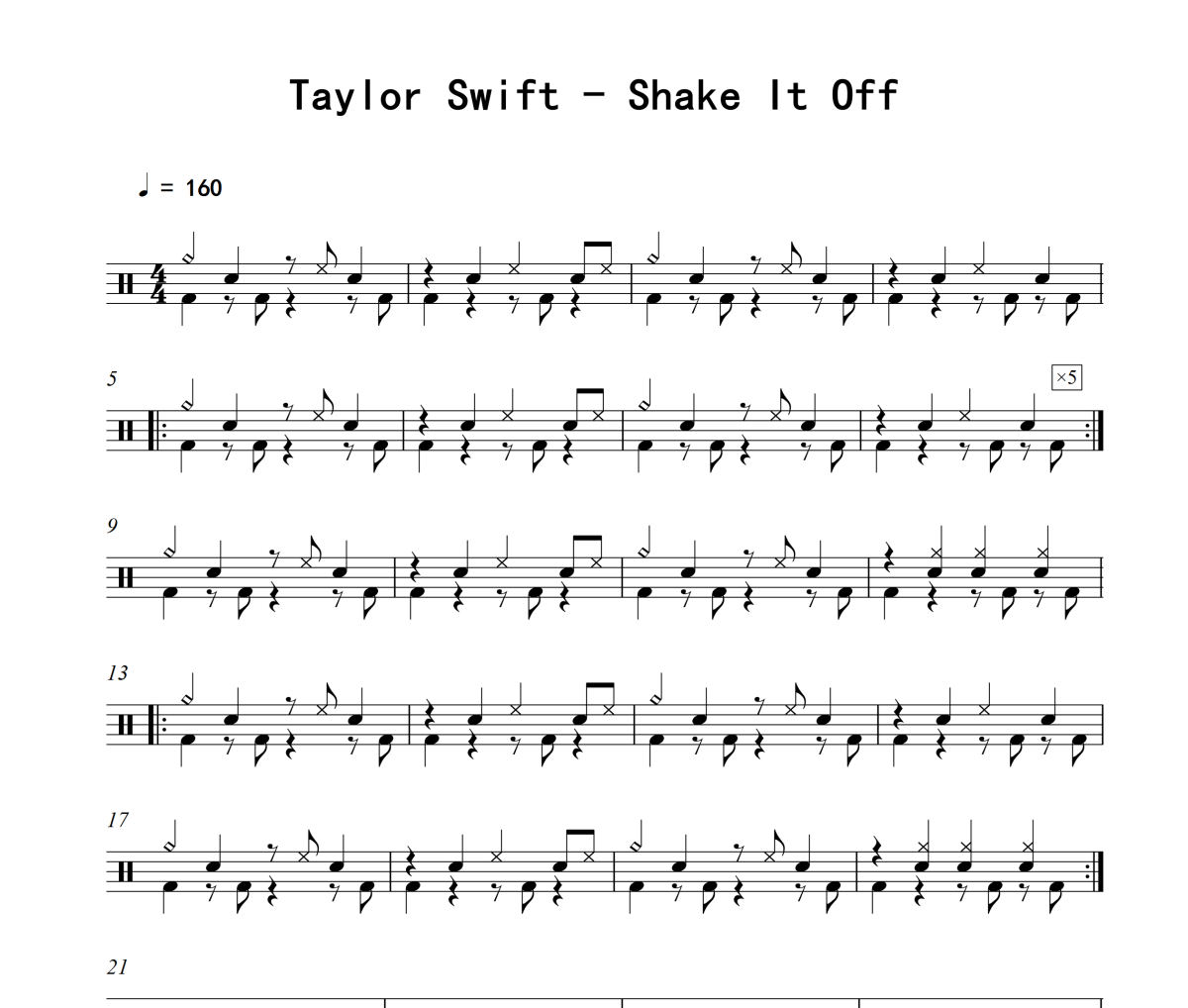 Shake It Off鼓谱 Taylor Swift《Shake It Off》架子鼓|爵士鼓|鼓谱