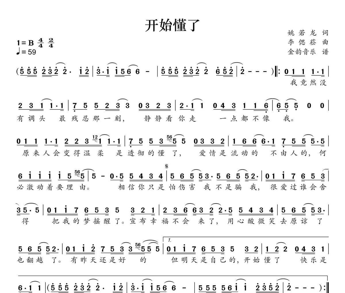 开始懂了简谱 孙燕姿《开始懂了》简谱B调