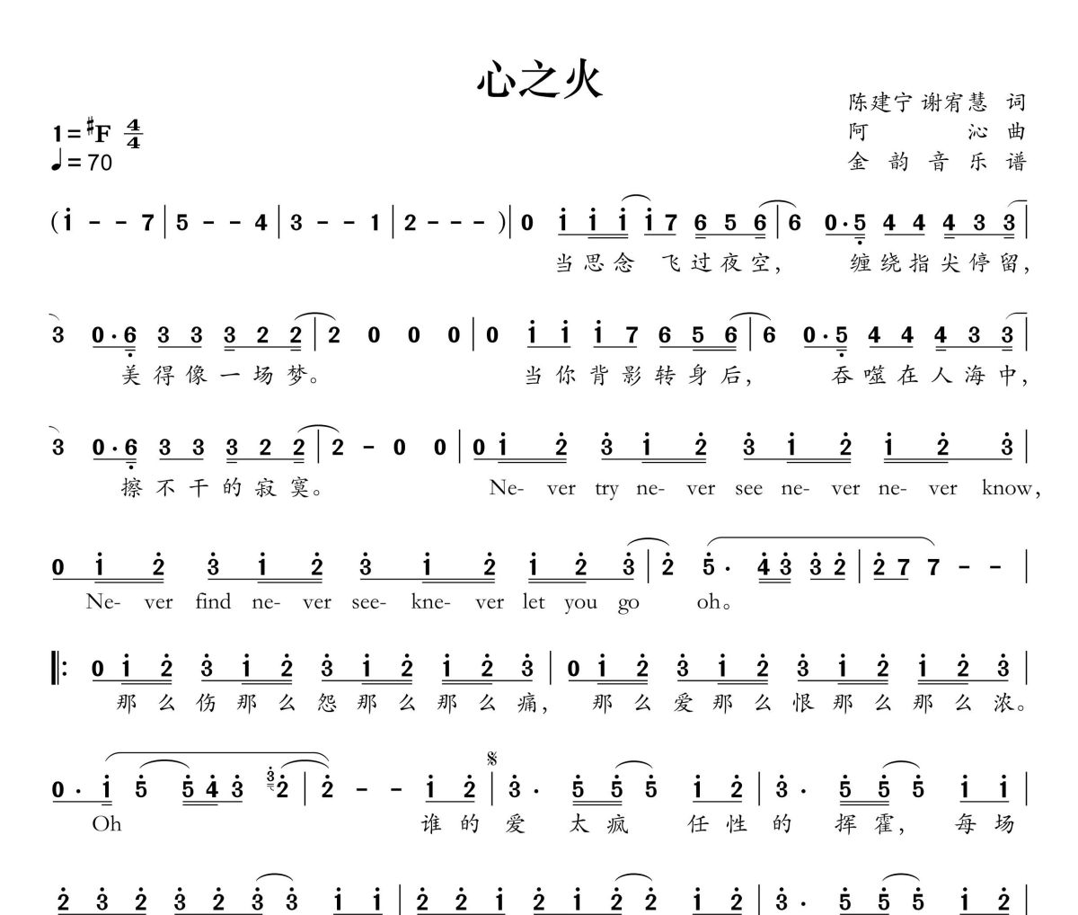 心之火简谱 F.I.R.飞儿乐团、彭佳慧《心之火》简谱+动态视频升F调
