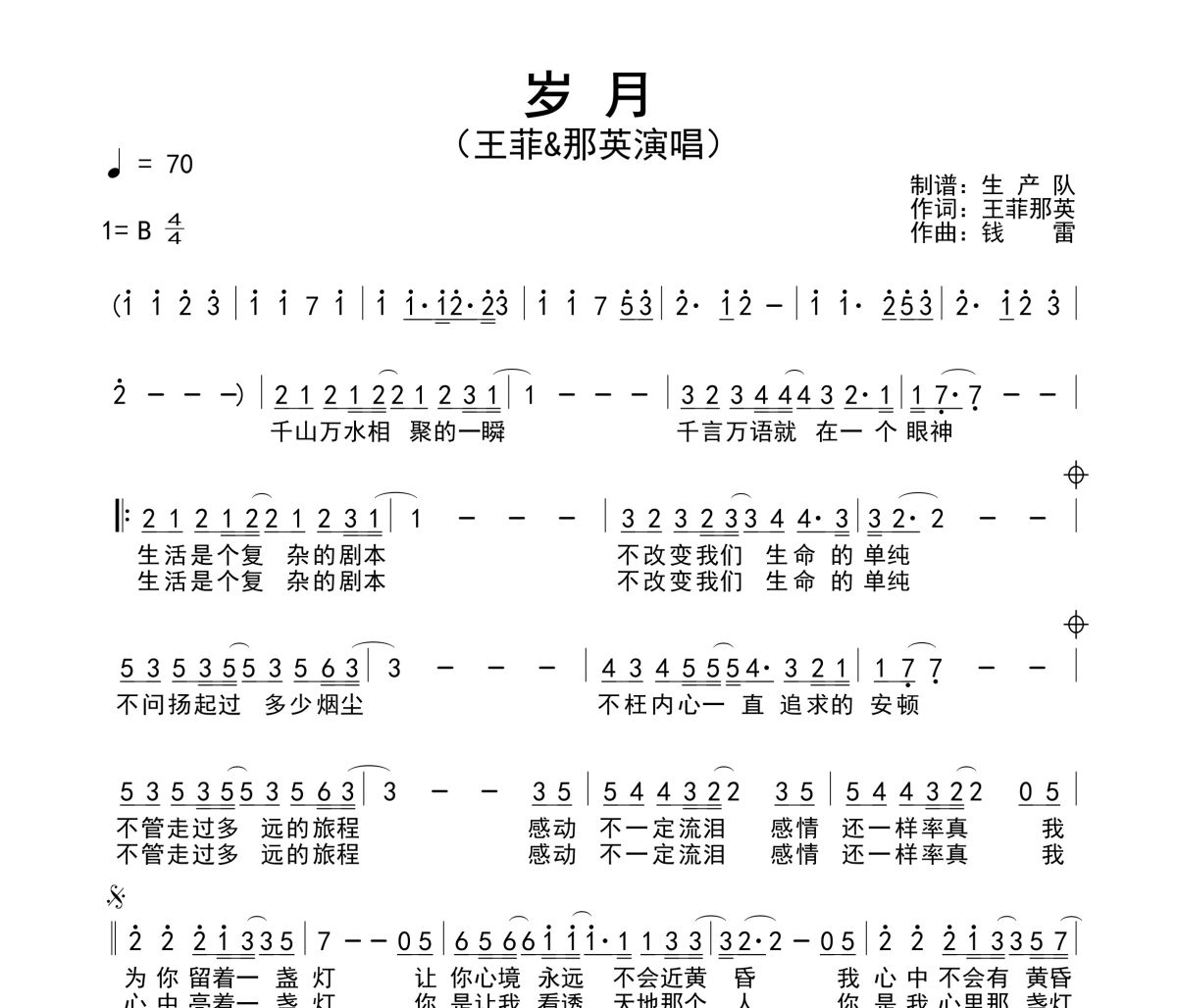 岁月简谱 王菲&那英-岁月简谱B调