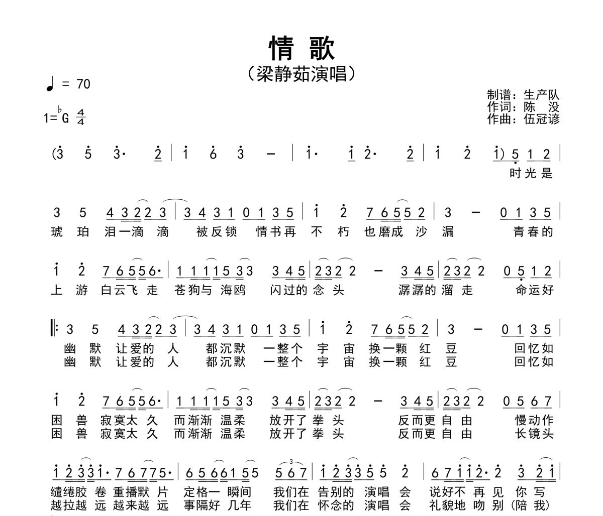 情歌简谱 梁静茹-情歌简谱降G调