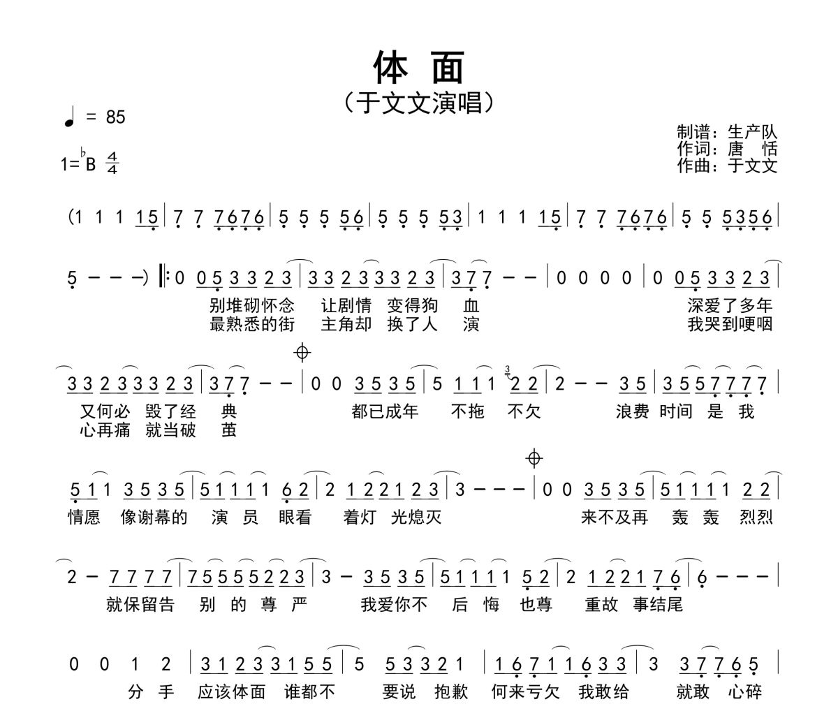 体面简谱 于文文-体面降B调简谱