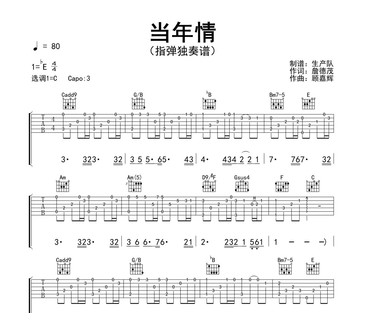 当年情吉他谱 张国荣《当年情》(指弹独奏谱)六线谱C调吉他谱