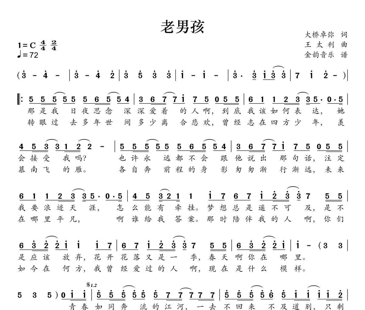 老男孩简谱 筷子兄弟《老男孩》简谱C调