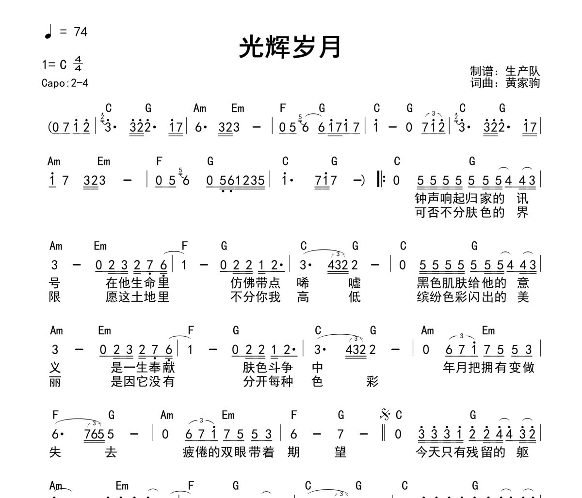 光辉岁月吉他谱 Beyond《光辉岁月》(和弦谱)六线谱C调吉他谱