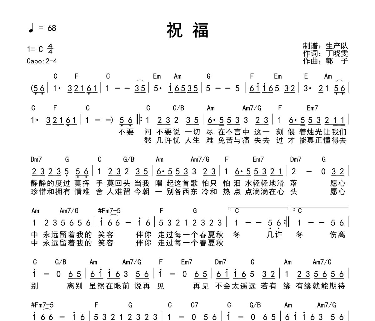 祝福吉他谱 张学友《祝福》(和弦谱)六线谱C调吉他谱