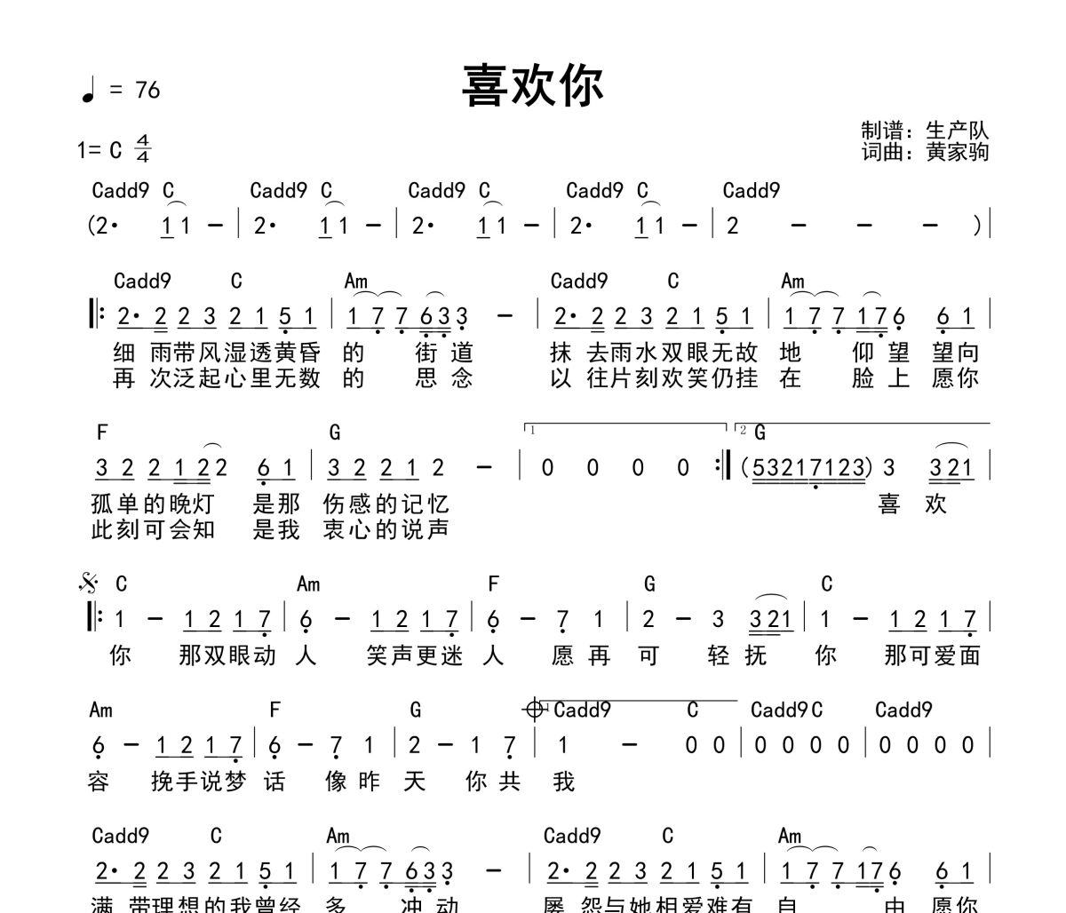 喜欢你吉他谱 Beyond《喜欢你》(和弦谱)六线谱C调吉他谱
