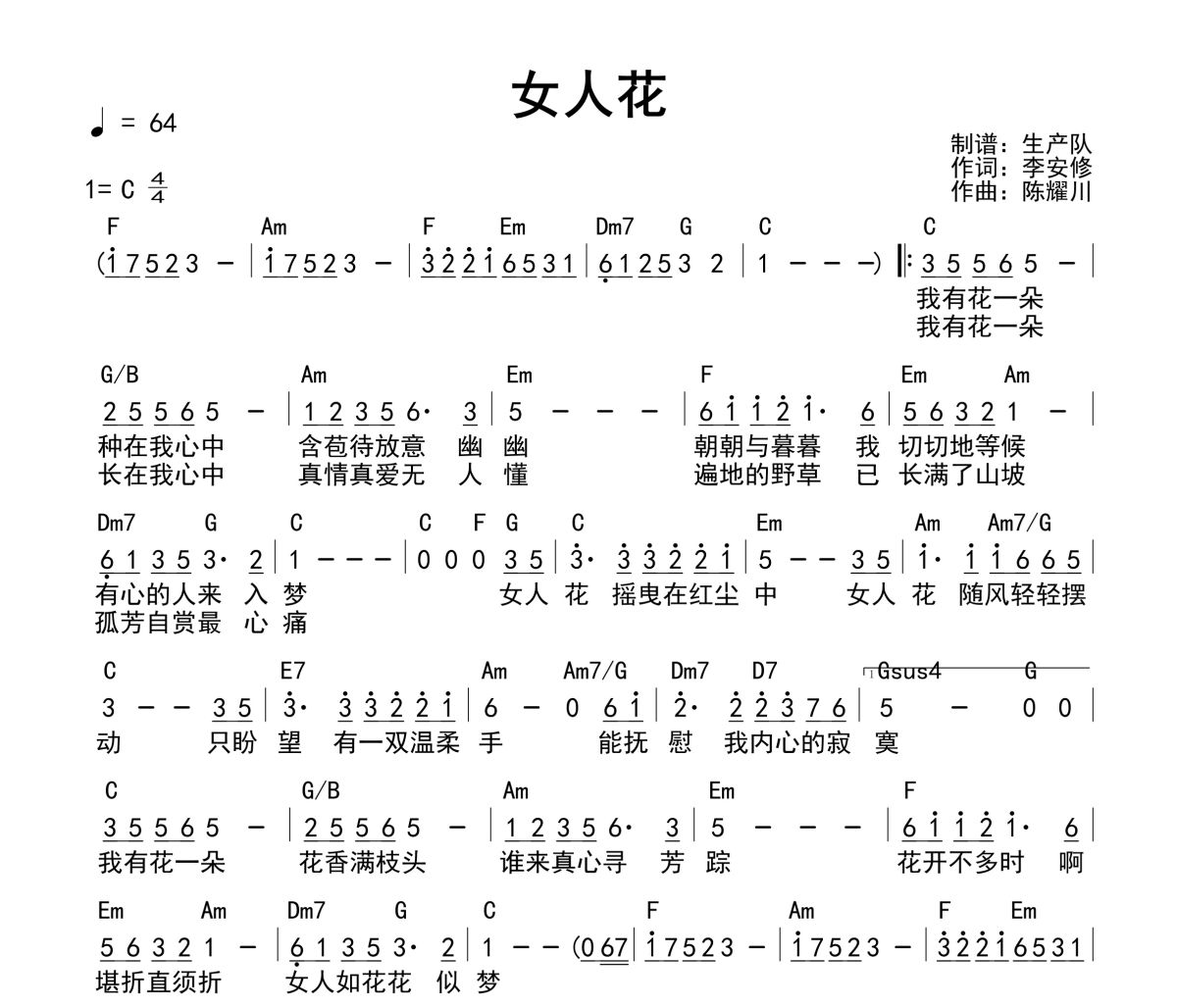 女人花吉他谱 梅艳芳《女人花》(和弦谱)六线谱C调吉他谱