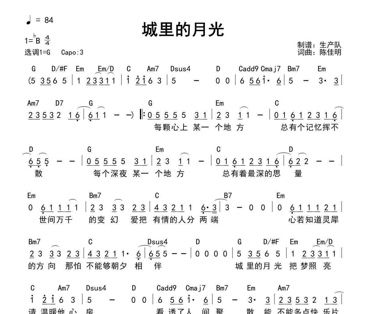 城里的月光吉他谱 许美静《城里的月光》(和弦谱)六线谱G调吉他谱