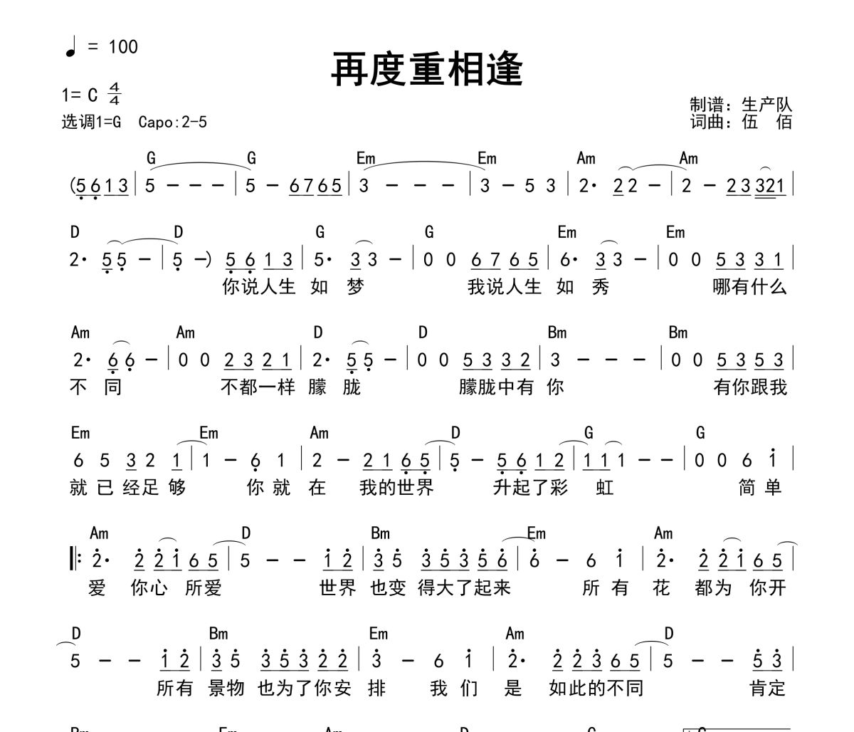 再度重相逢吉他谱 伍佰《再度重相逢》(和弦谱)六线谱G调吉他谱