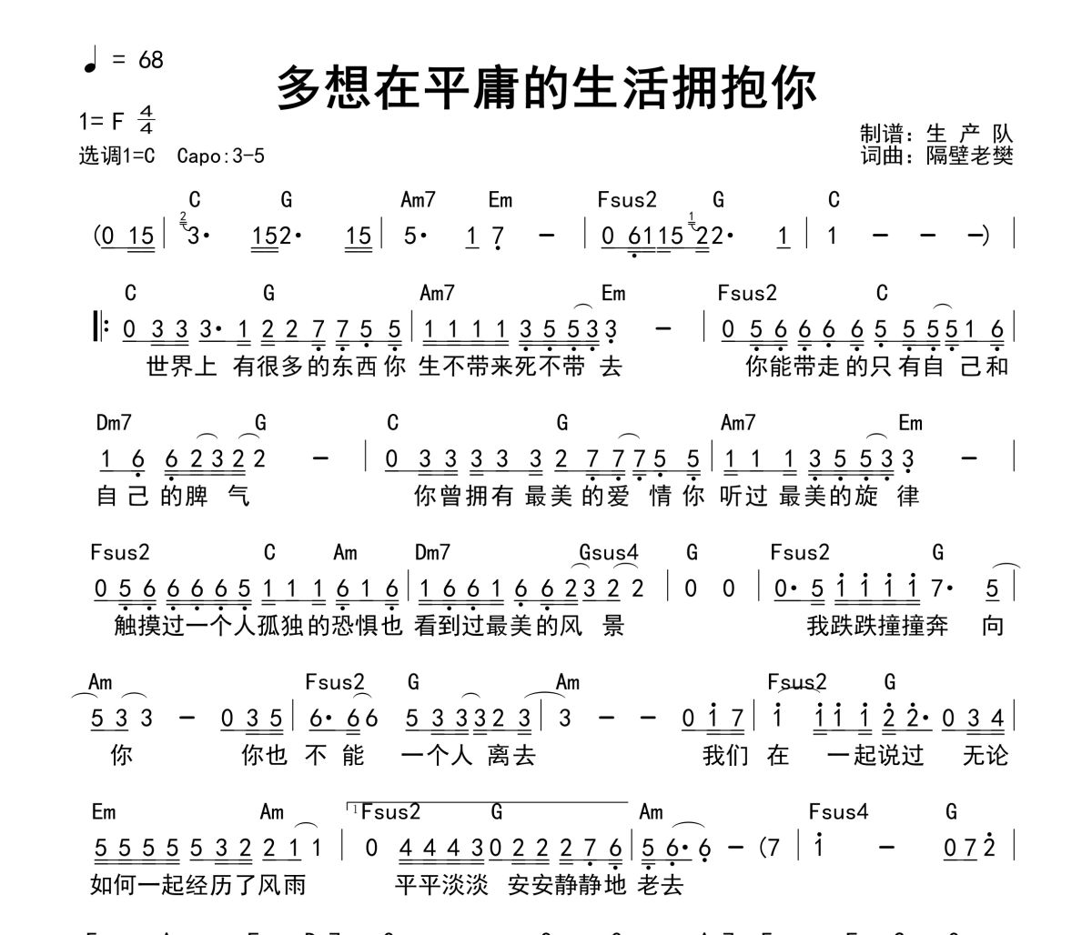 多想在平庸的生活拥抱你吉他谱 隔壁老樊《多想在平庸的生活拥抱你》(和弦谱)六线谱C调吉他谱